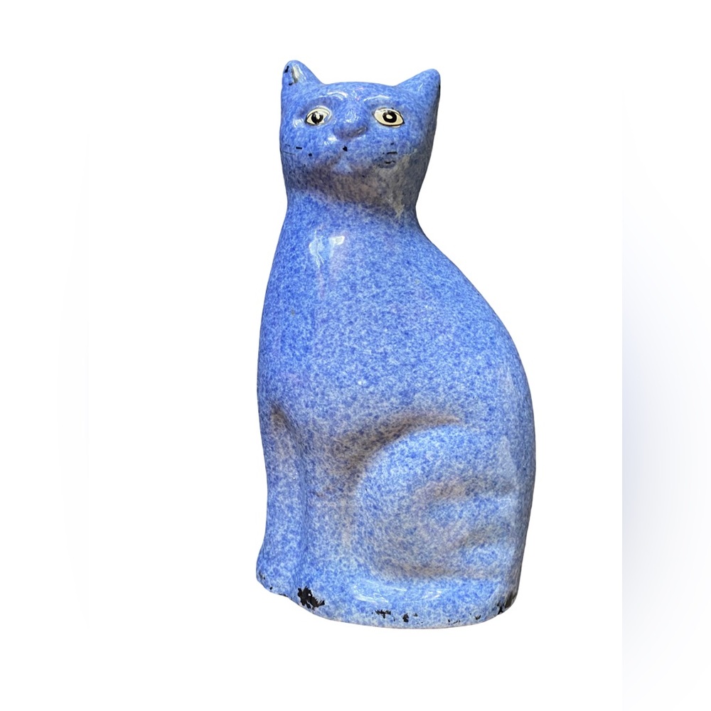 Vtg Ceramic Speckled Blue Cat Spongeware Calico China 10" Figurine